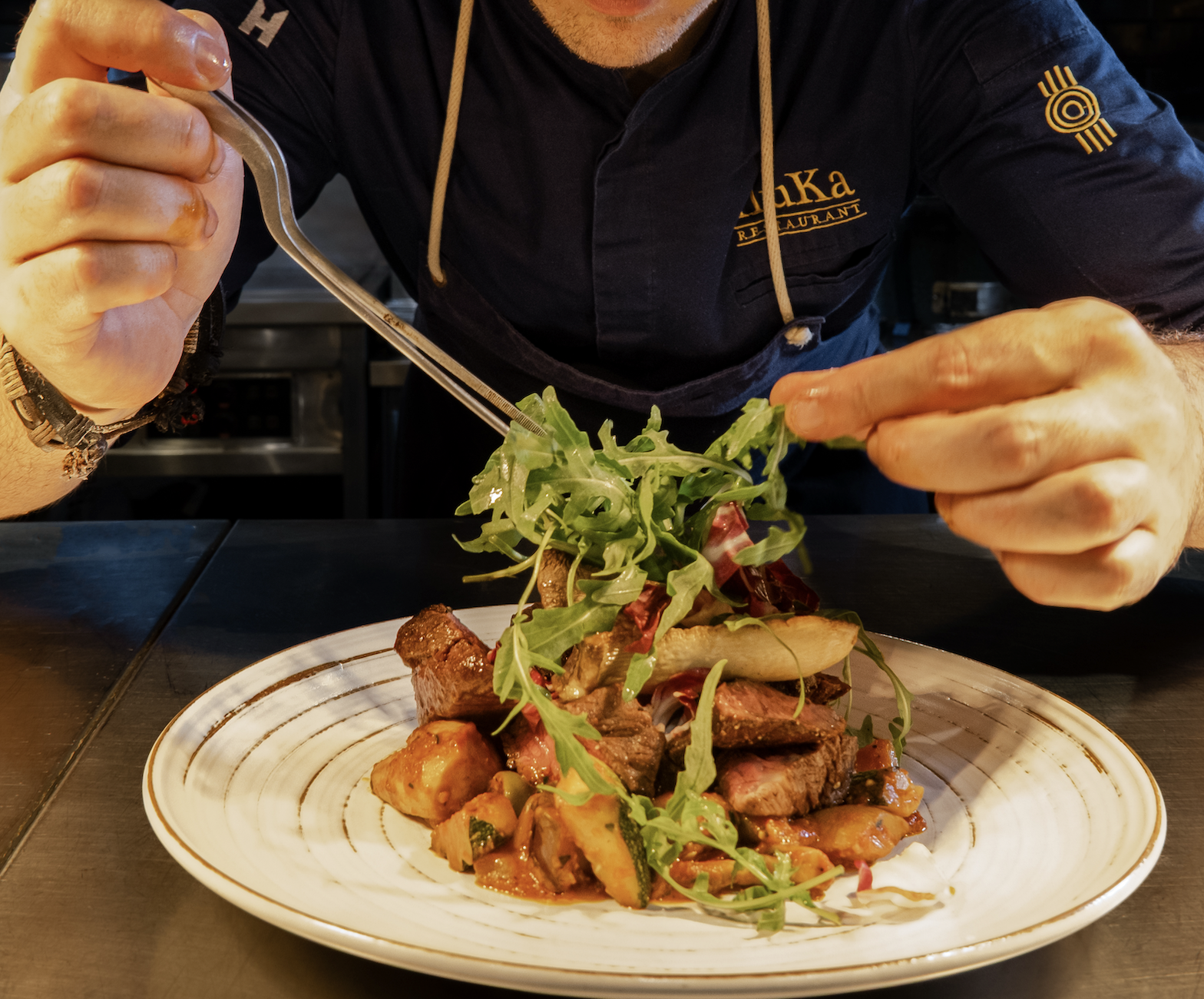 Fine dining steak with sauce and grilled vegetables at Iluka Restaurant Jeonju